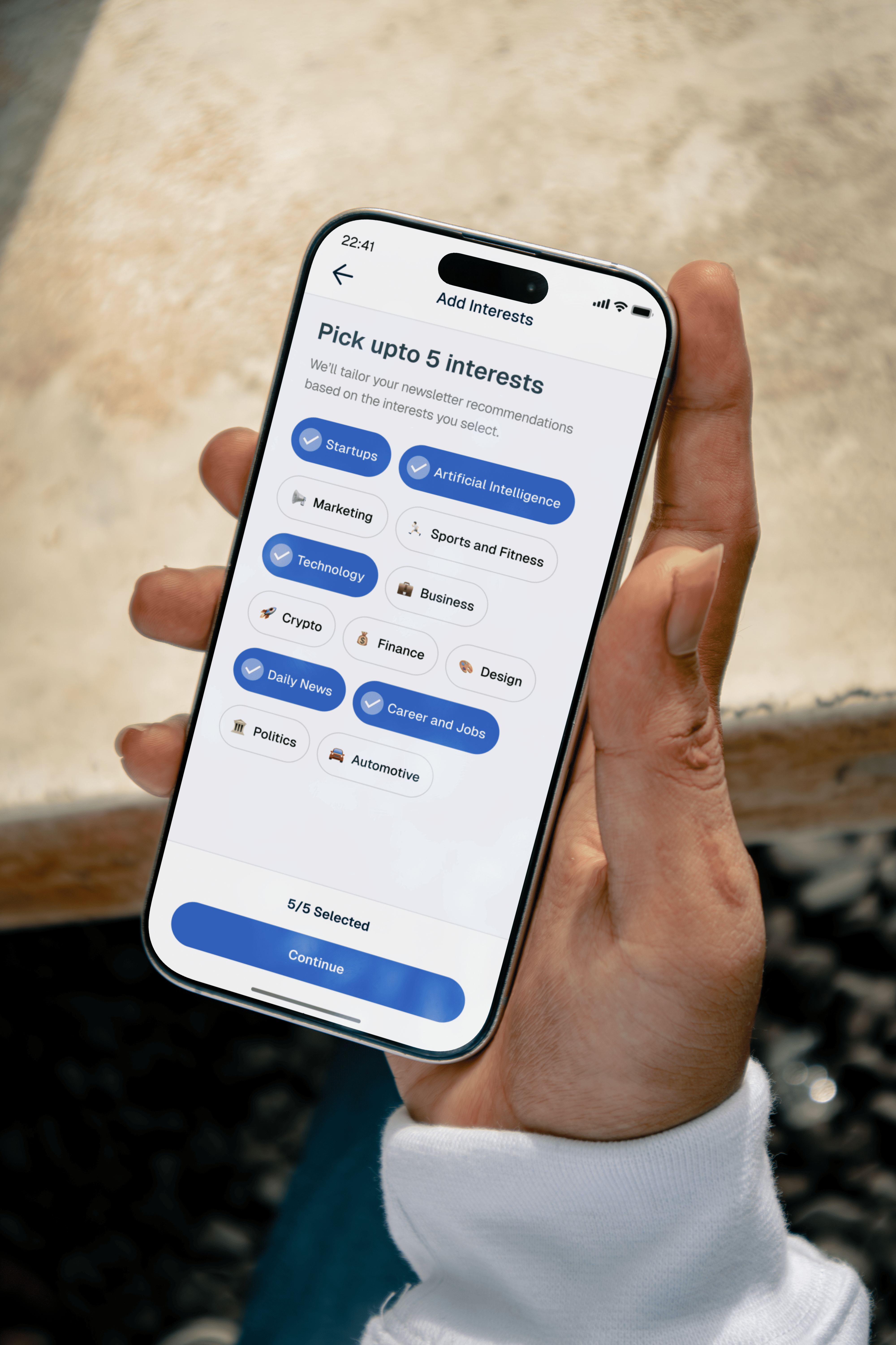 Multi-Select Interests UI for Add Letter News Reading App app design app design agency app onboarding app ui branding material design mobile app multi select onboarding ui