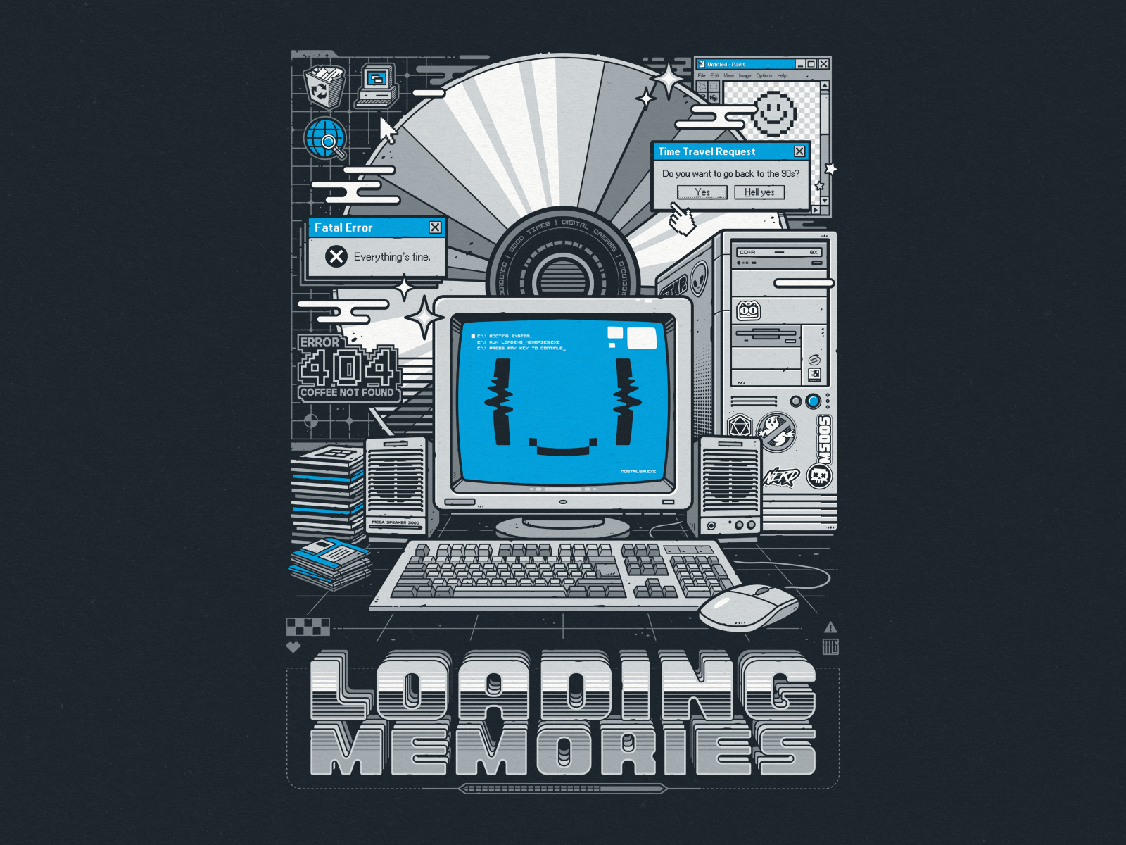 Loaging memories 90s computer illustration loading nostalgia pc retro t shirt tech tee vector vintage