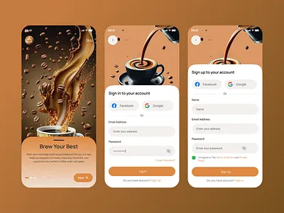 Coffee Shop mobile app : Onboding , Sign-In, and Sign-Up Screen application coffee coffee cup coffee shop coffee shop app delivery design system drink interface login minimal mobile app mockup onboding online shop order shop sign in sign up ui design