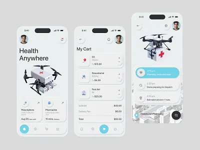 Smart Medical Drone Delivery Mobile App app ui clean ui drone delivery drone technology futuristic design health tech healthcare design medical app medicine delivery minimal design mobile app mobile ui modern app pharmacy app product design smart delivery uiux design