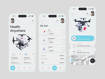 Smart Medical Drone Delivery Mobile App app ui clean ui drone delivery drone technology futuristic design health tech healthcare design medical app medicine delivery minimal design mobile app mobile ui modern app pharmacy app product design smart delivery uiux design
