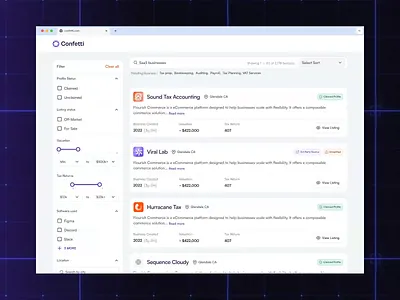 Confetti Marketplace — a website for buying & selling businesses ai integration ai powered app b2b businesses conversion dashboard design entrepreneurs intuitive marketplace navigation saas seamless sidebar ui ui design user experience ux website