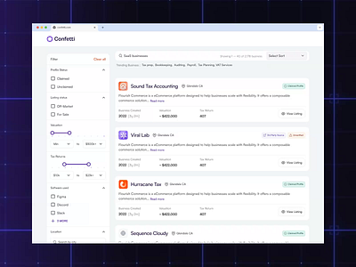 Confetti Marketplace — a website for buying & selling businesses ai integration ai powered app b2b businesses conversion dashboard design entrepreneurs intuitive marketplace navigation saas seamless sidebar ui ui design user experience ux website