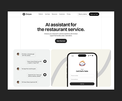 Oxiyas AI assistant for restaurant agent ai ai chatbot ai restaurant assistant assistent landing page restaurant automation ui ux voice ordering web design website