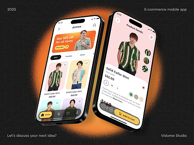 E-commerce Mobile App UI — Home Grid & Product Details add to cart button bottom navigation bar cart badge counter category filter chips conversion focused ux ecommerce mobile ui fashion ecommerce app ios app interface mobile checkout flow pdp ux patterns product card grid product catalog design product details screen promo banner design retail app ui shopping app design size selector ui ui kit components variant swatches ui wishlist interaction