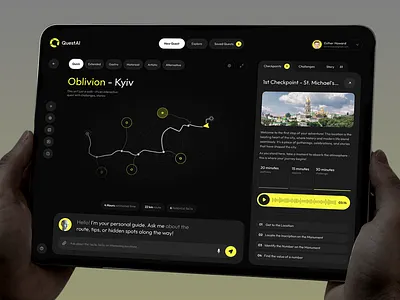 QuestAI Web - Adventure City Discovery App ai card chat dark location map modern navigation platform quest route system timelines tracking uiux web web app