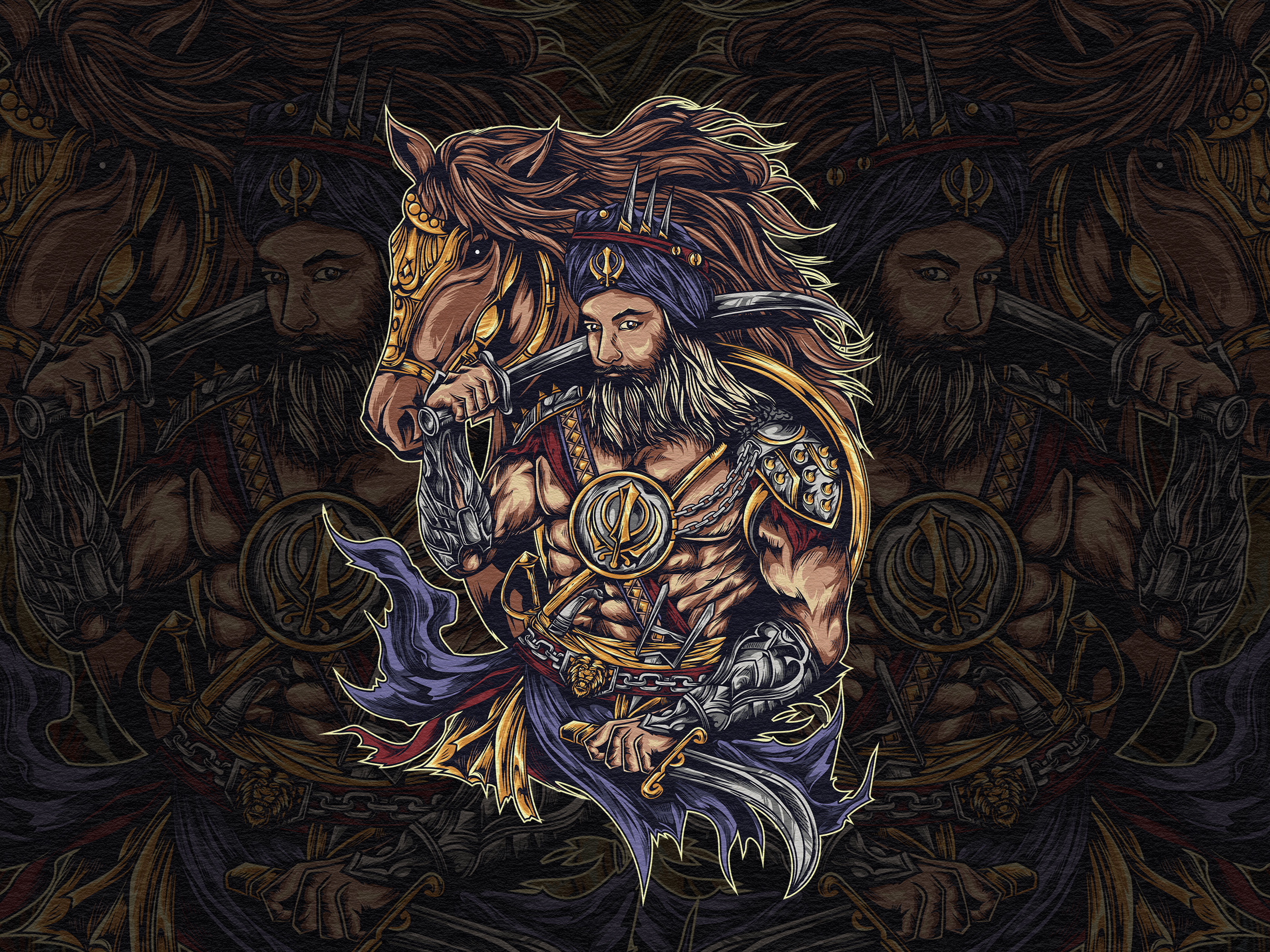 Sikh Warriors : Illustration for T-Shirt apparel artwork blade branding characterillustration design empire graphic design horse illustration king lord merchandise muscular sikh sword t shirt tshirtillustration vintage warrior