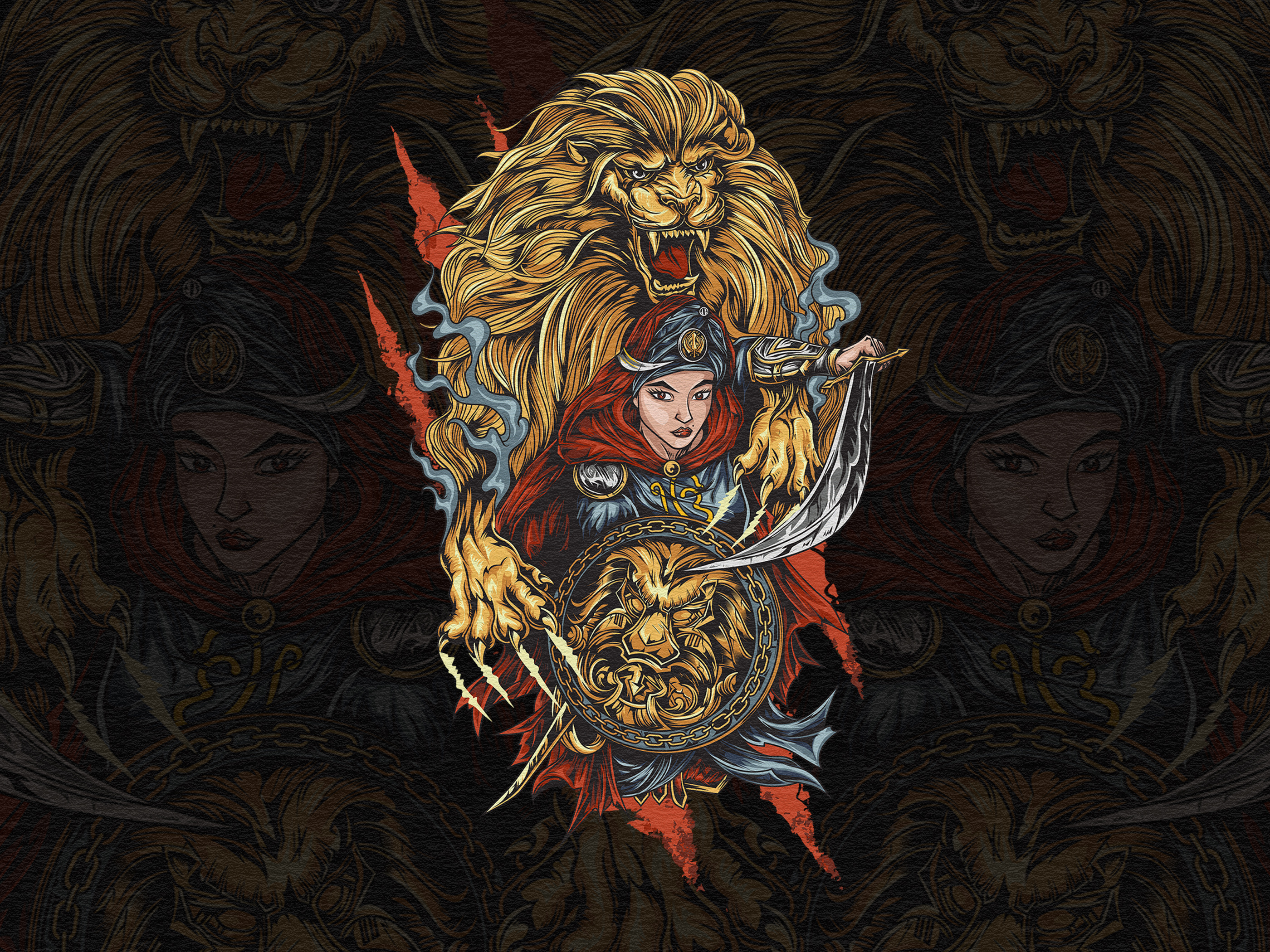 Singhni : The Lioness Warrior apparel armor artwork branding character illustration design female warrior graphic design illustration kaur lion illustration merchandise queen roar shield sikh singhni sword t shirt warriors