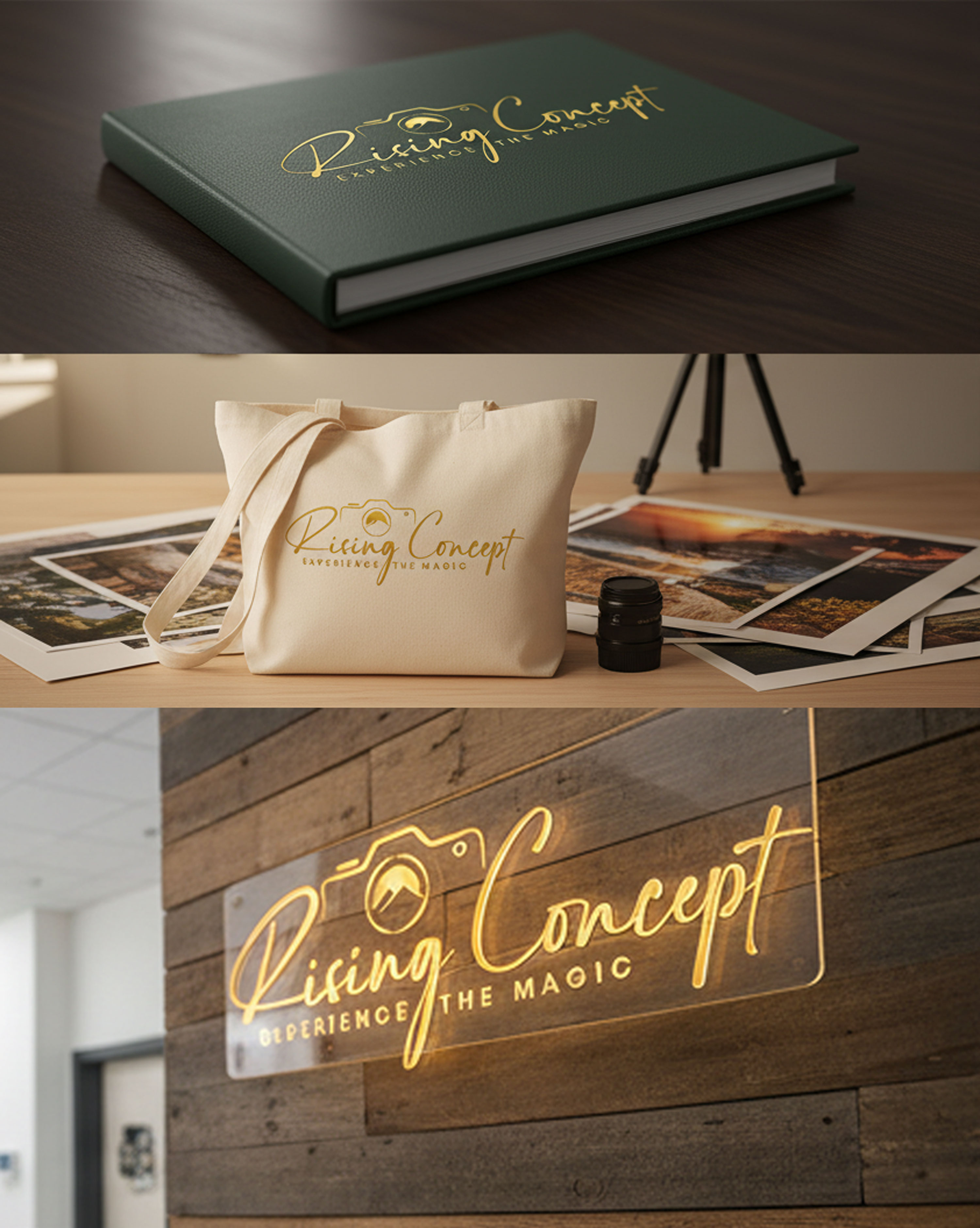 Rising Concept – Brand Identity Showcase brandapplication branding creativedesign designinspiration goldfoil identitydesign logodesign mockups monogram photographybranding premiumdesign scriptfont signagedesign signaturelogo visualidentity