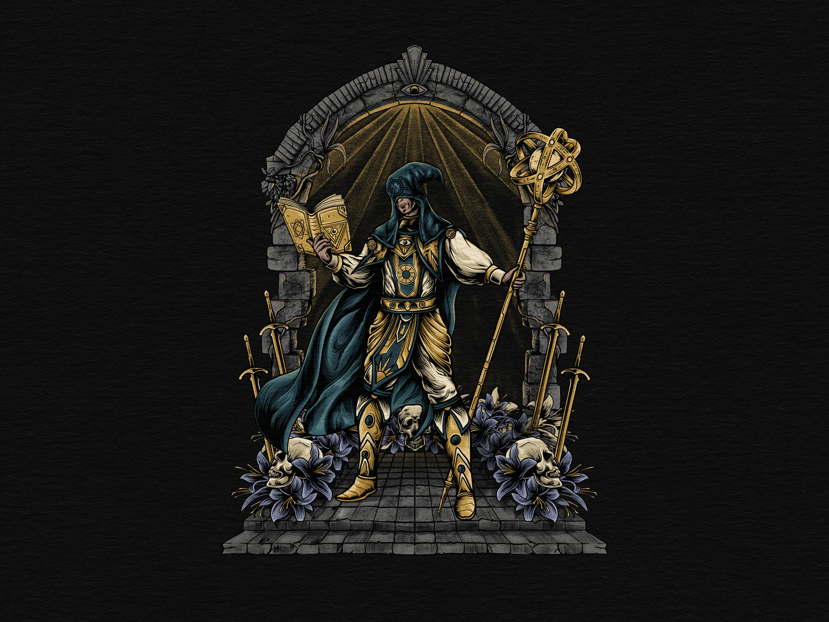 The Divine Conjurer apparel arcanelight artwork branding character illustration characterdesign cleric fantasyart graphic design holywarrior illustration lilies magicbook merchandise sacredsanctum skull swords t shirt witch wizardstaff
