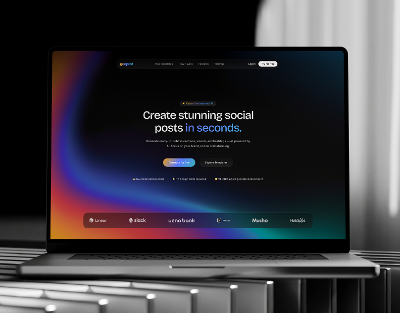 AI Social Media Post Generator — Landing Page aidesign aiplatform creativetool darktheme gradientui landingpage saasdesign webdesign