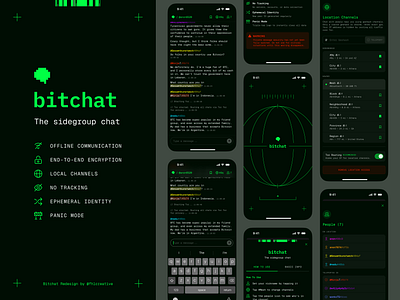 Bitchat App Redesign Concept 8 bit app design chat geist mono green icons ios line drawing location monospace neon pixels privacy private text toggle ui uiux ux world