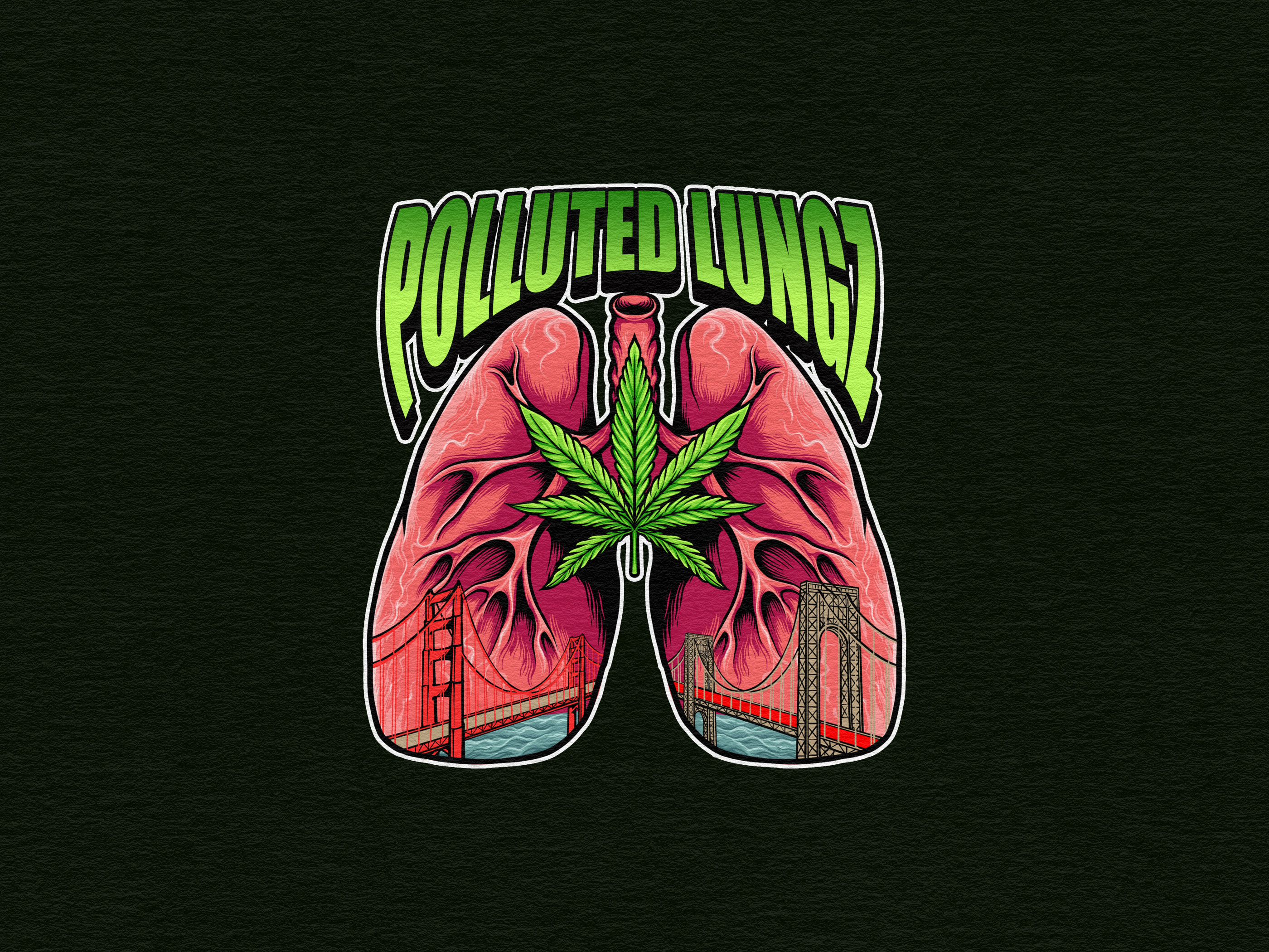 Polluted Lungz : Illustration For T-shirt apparel artwork branding bridge cannabis design graphic design hand drawn highlife illustration joint lungillustration marijuana merchandise pollutionart psychedelic smoking stonervibes streetwearart tshirtdesign