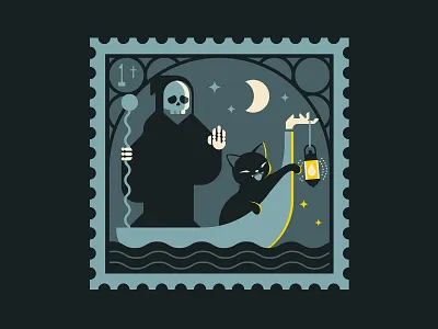 Halloween Black Cat Illustration: Grim Reaper Stamp Design afterlife illustration bold colour illustration cat illustration character design clean vector art collectible art dark humour illustration editorial illustration grim reaper illustration halloween illustration london illustrator merchandise illustration mythology illustration postage stamp design river styx art skull illustration sticker design storytelling illustration vector illustration whimsical art