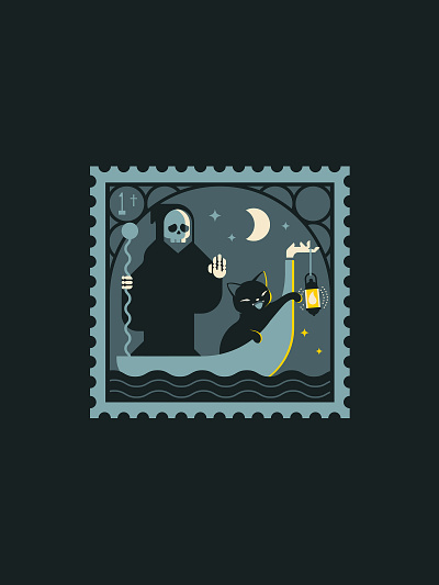 Halloween Black Cat Illustration: Grim Reaper Stamp Design afterlife illustration bold colour illustration cat illustration character design clean vector art collectible art dark humour illustration editorial illustration grim reaper illustration halloween illustration london illustrator merchandise illustration mythology illustration postage stamp design river styx art skull illustration sticker design storytelling illustration vector illustration whimsical art