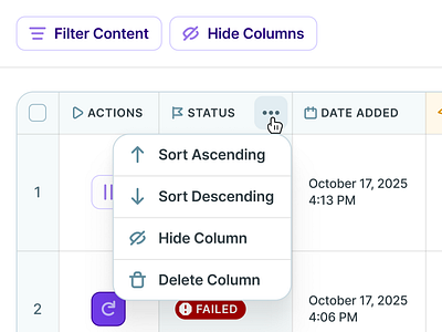 copy.ai Workflows Table Actions Menu action ai app b2b clean column copyai cta cursor dropdown flat hover light mode menu sort table text ui ux web