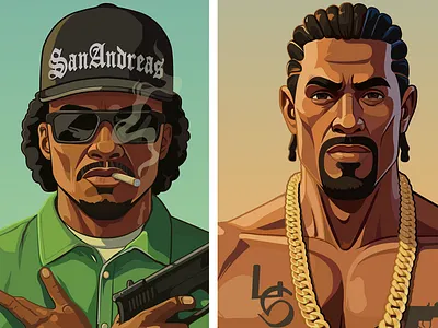 The characters Ryder and CJ art character design gang gold gta illustration illustrator tattoo vector weapon