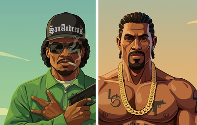 The characters Ryder and CJ art character design gang gold gta illustration illustrator tattoo vector weapon