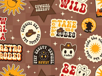 Retro Rodeo Seamless Pattern aesthetic badge cool cowboy cowgirl era groovy howdy icon retro rodeo sticker symbol texas vibes west western wild y2k yeehaw