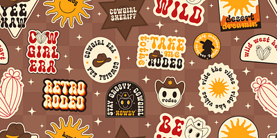 Retro Rodeo Seamless Pattern aesthetic badge cool cowboy cowgirl era groovy howdy icon retro rodeo sticker symbol texas vibes west western wild y2k yeehaw