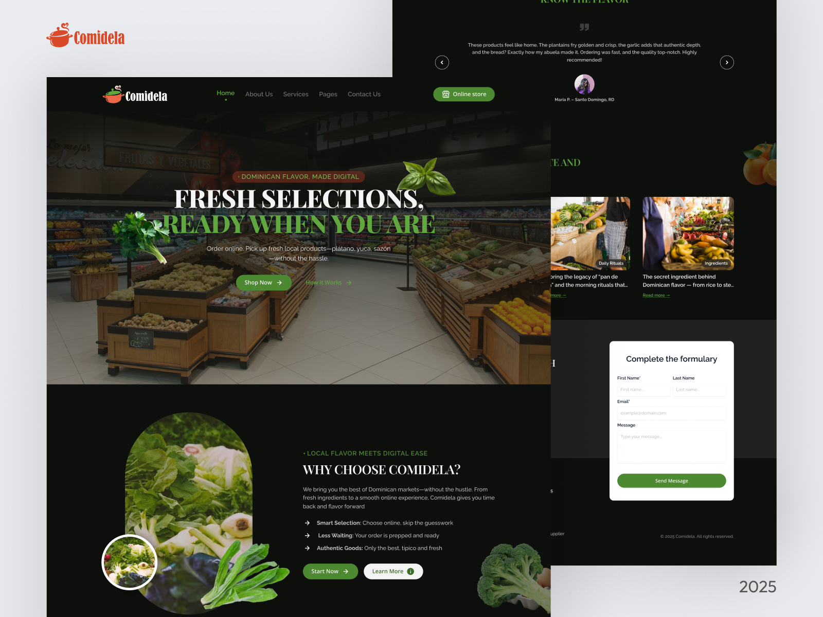 Comidela — UI Concept for a Local Food Marketplace (Dark Mode) branding comidela dark mode design figma food landing landing page market minimalist pagina web website