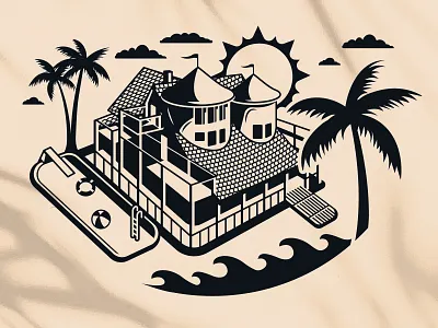 Rental Property Logo airbnb beach castle home house iowa lodge metal sign palm trees pool porch rental sand sandcastle sun vrbo waves