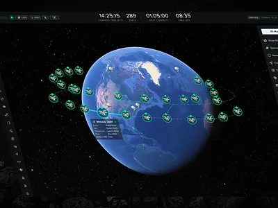 Satellite Network Paths aerospace connection data visualization data viz earth figma fleet globe network nodes orbit paths popover product design satellite space ui ux