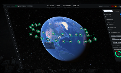 Satellite Network Paths aerospace connection data visualization data viz earth figma fleet globe network nodes orbit paths popover product design satellite space ui ux
