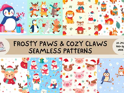 Frosty paws & cozy claws seamless patterns christmas christmas patterns cute animals cute christmas seamless patterns surface design textile design