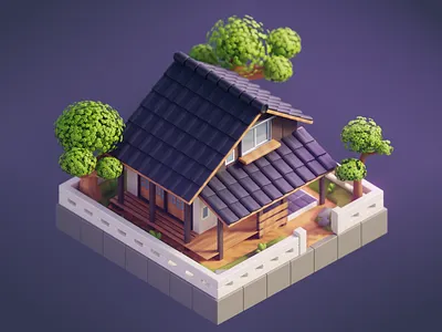 Japanese House illustration 3d building compact ground illustration japanese stylized