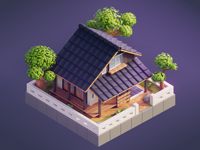Japanese House illustration 3d building compact ground illustration japanese stylized