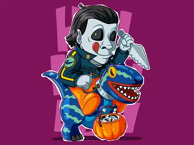 Come and get your cake cake cartoon character design costume dinosaur event funny graphic design halloween illustration knive michael myers october pumpkin white mask
