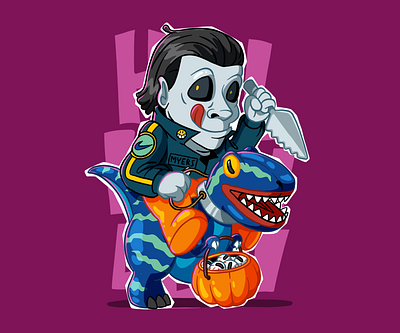 Come and get your cake cake cartoon character design costume dinosaur event funny graphic design halloween illustration knive michael myers october pumpkin white mask