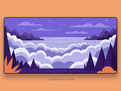 Stylized Purple Foggy Lake Mountain Illustration adventure atmospheric camping cloudscape digital art environment foggy landscape illustration landscape illustration mountain lake mystery outdoor purple aesthetic stylized nature tranquil scene travel vector vector illustration web xinyan