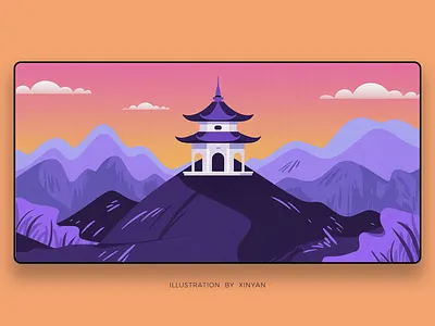 Stylized Mountain Pagoda Landscape Illustration adventure asian inspired cultural art environment illustration landscape illustration mountain landscape outdoor pagoda purple aesthetic stylized scener sunset view tranquil travel travel theme vector illustration wallpaper web website header xinyan