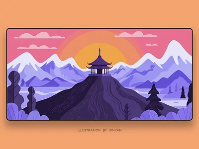 Stylized Mountain Pagoda Landscape Illustration adventure asian inspired cultural art environment illustration landscape illustration mountain landscape pagoda purple aesthetic stylized scenery sunset view tranquil travel travel theme vector illustration wallpaper web website header xinyan