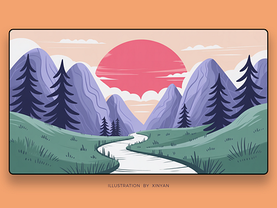 Stylized Sunset Mountain River Landscape adventure environment illustration journey landscape illustration mountain valley outdoor outdoor theme purple and green river landscape stylized nature sunset scene tranquil background travel vector vector illustration wallpaper warm colors web xinyan