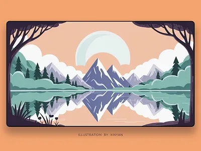 Stylized Lake Mountain Reflection Landscape adventure balanced composition digital painting environment forest frame illustration lake reflection landscape illustration minimalist sun mountain landscape nature scenery outdoor serene scene stylized nature tranquil art travel vector illustration wallpaper web xinyan