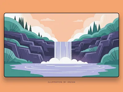 Stylized Waterfall and Pond Landscape Illustration adventure digital art environment environmental art illustration landscape illustration lush foliage mountain nature scene outdoor pond landscape purple cliffs stylized scenery tranquil scen travel vector illustration wallpaper waterfall web xinyan