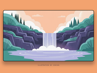 Stylized Waterfall and Pond Landscape Illustration adventure digital art environment environmental art illustration landscape illustration lush foliage mountain nature scene outdoor pond landscape purple cliffs stylized scenery tranquil scen travel vector illustration wallpaper waterfall web xinyan