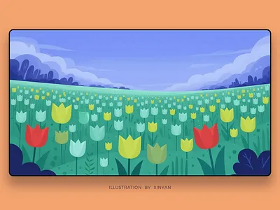 Stylized Wide Tulip Field Landscape Illustration adventure environment flower field green and blue illustration landscape illustration mountain nature scenery optimistic theme outdoor seasonal marketing spring landscape stylized flowers travel tulip field vector illustration vibrant colors wallpaper web xinyan