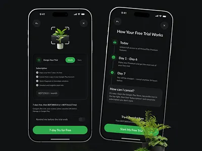 Plant Care App UI – Free Trial Experience app app design free trial ui ios design mobile onboarding screen plant app plant care premium plan pricing screen subscription flow uiux