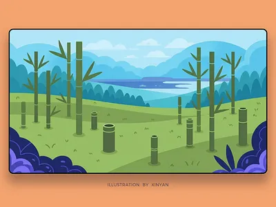 Stylized Bamboo Forest and Lake Landscape adventure asian landscape bamboo forest environment environmental art green and blue illustration lake view landscape illustration minimalist mountain nature scenery outdoor stylized nature tranquil scene travel vector illustration wallpaper web xinyan
