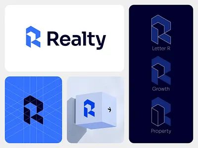 Realty - Visual Identity, R letter logo abstract architecture logo brand branding construction logo design growth logo identity logo logo design minimal modern negative space logo r r letter logo real estate analytic real estate logo symbol tech logo visual identity