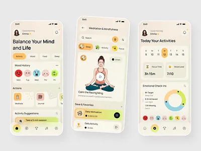 Wellness & Meditation Mobile App calm design daily routine health app meditation app mindfulness mobile ui minimal design mobile mobile app mobile ui mood tracker ux ui design wellness app