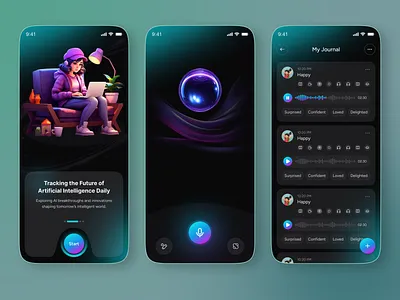 AI Journal & Diary Mobile App ai ai app ai assistant ai diary app ai ux app design diary app emotion analysis emotion tracker futuristic ui mobile app note app onboarding task management app ui ux design voice assistant
