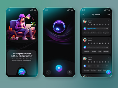 AI Journal & Diary Mobile App ai ai app ai assistant ai diary app ai ux app design diary app emotion analysis emotion tracker futuristic ui mobile app note app onboarding task management app ui ux design voice assistant