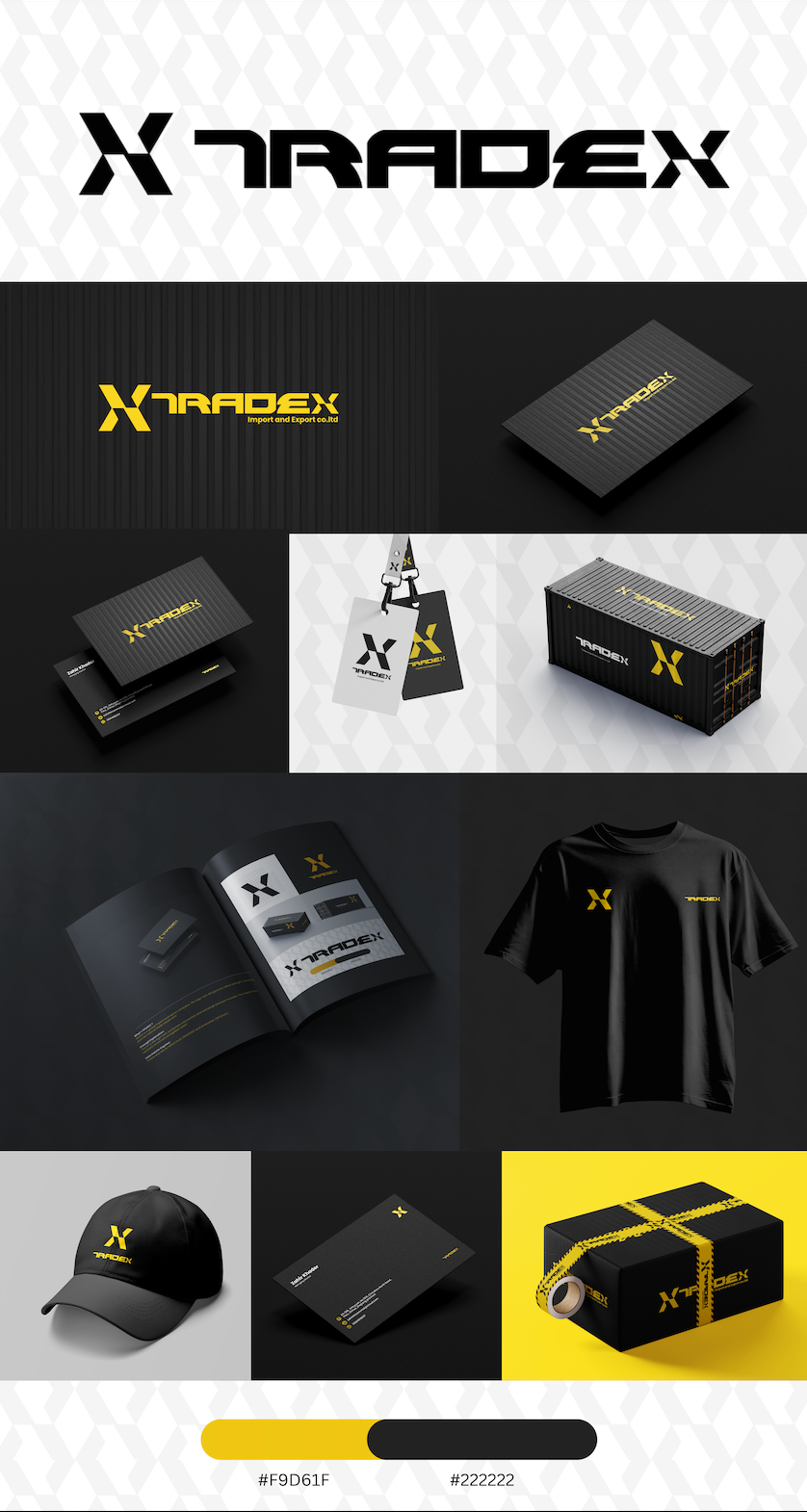 TRADEX — Import & Export Brand Identity Design black and yellow brand identity branding geometric import export logo logo design logo grid mockup modern logo packaging
