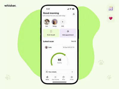 Pet Care Mobile App Design – Whisker ai app app landing page dog design health app marketplace mobile app design mobile app ui mobile app ux mobile marketplace modern app ui new pet logo pet app pet care app pet icon pet profile product design ui ux design wellness design wellness website