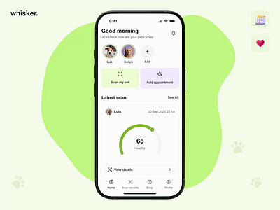 Pet Care Mobile App Design – Whisker ai app app landing page dog design health app marketplace mobile app design mobile app ui mobile app ux mobile marketplace modern app ui new pet logo pet app pet care app pet icon pet profile product design ui ux design wellness design wellness website